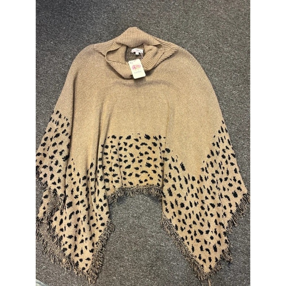Entro Leopard Print Knit Cowl Neck Fringe Poncho Tan Black S/M J14915